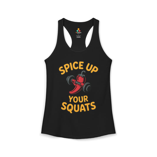 Black tank top with 'Spice Up Your Squats' text and red pepper graphic on a white background. TEEZOCA women’s fitness tank top with “Spice Up Your Squats” chili pepper gym design