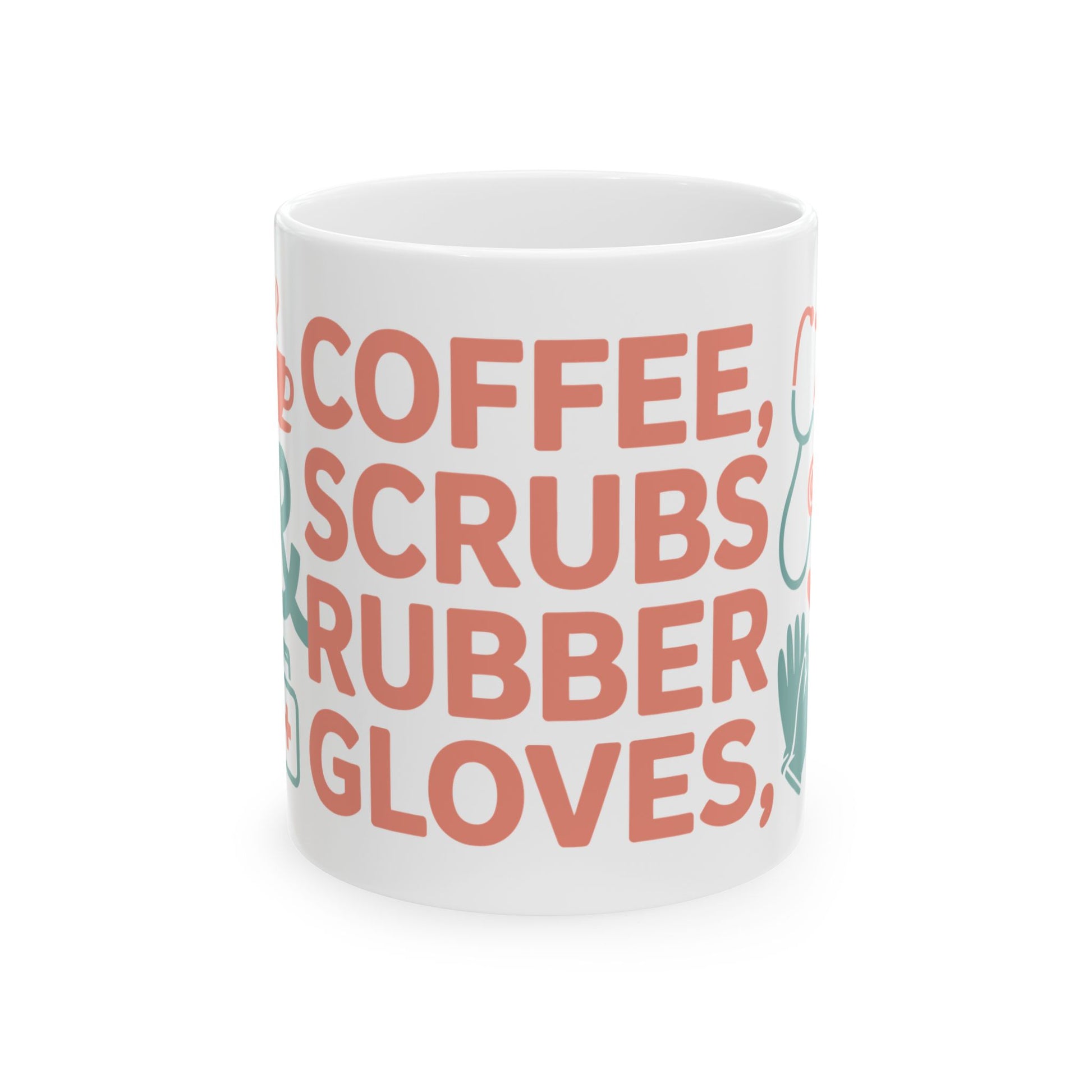 TEEZOCA mug featuring the Coffee Scrubs & Rubber Gloves design with medical symbols