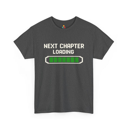 Gray TEEZOCA t‑shirt with white “NEXT CHAPTER LOADING” text and green loading bar.