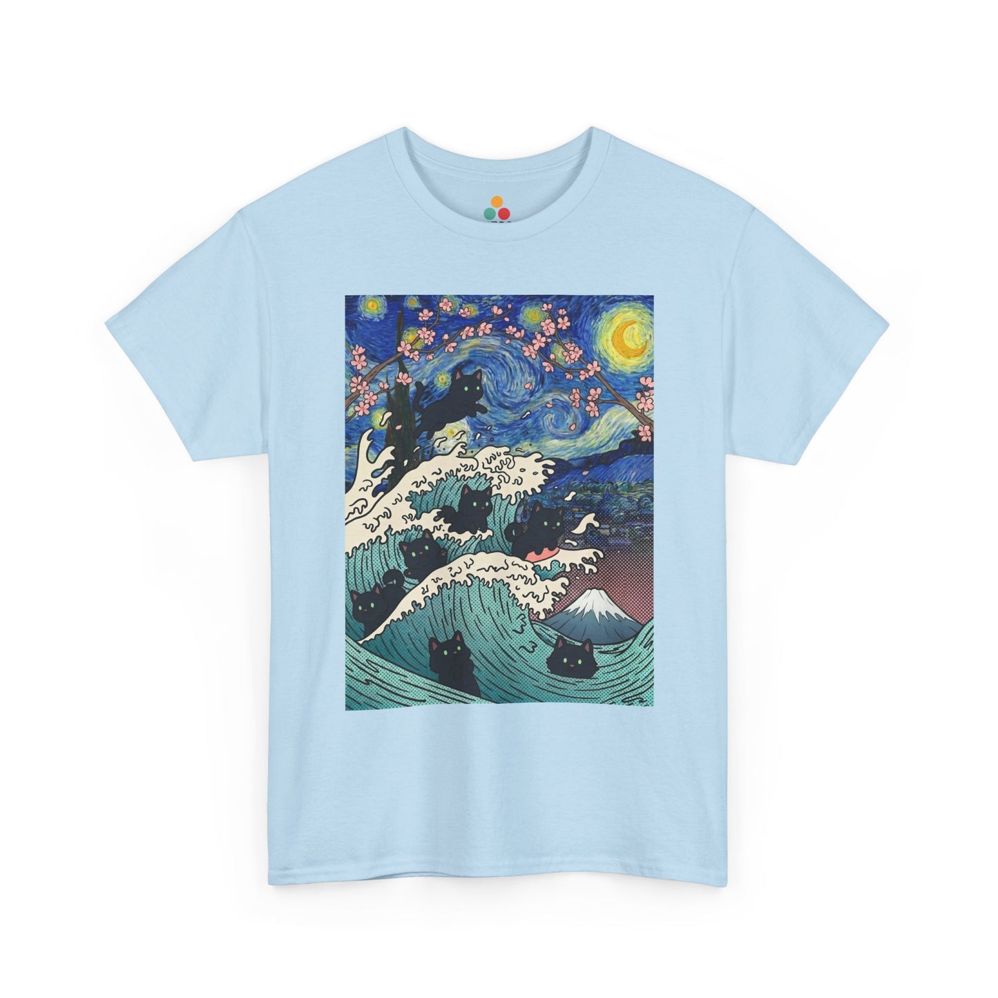 Van Gogh Starry Night Black Cat Wave T-Shirt – Aesthetic Impressionism Inspired Fine Art Tee | TEEZOCA 