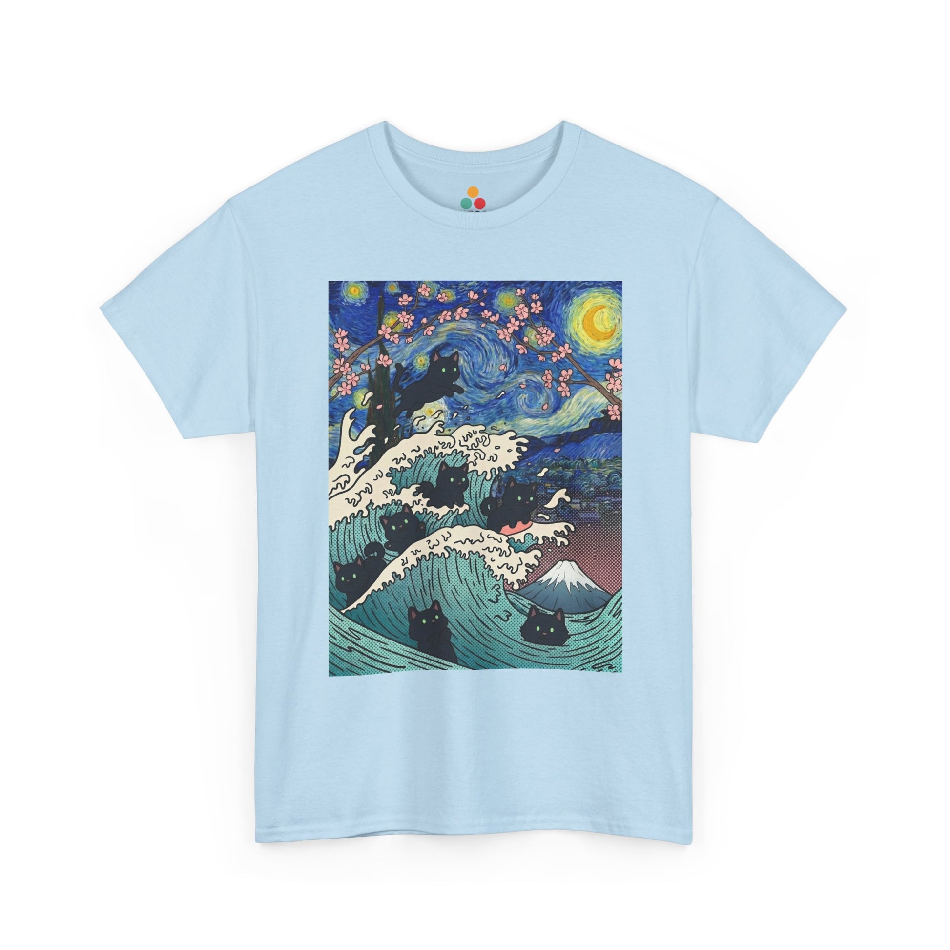 Van Gogh Starry Night Black Cat Wave T-Shirt – Aesthetic Impressionism Inspired Fine Art Tee | TEEZOCA 