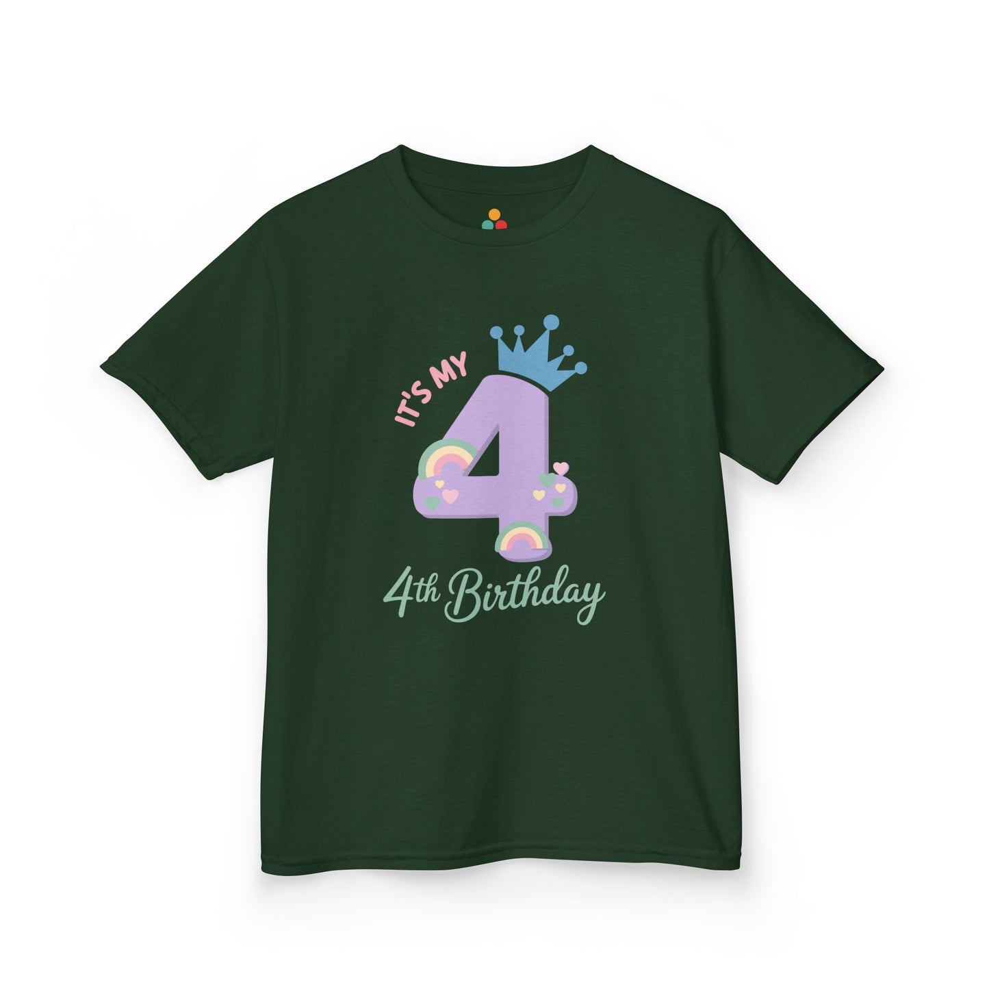 Forest green kids’ t‑shirt with lavender 4, teal crown, pastel rainbows and hearts, and “It’s My 4th Birthday” text, flat front view.
