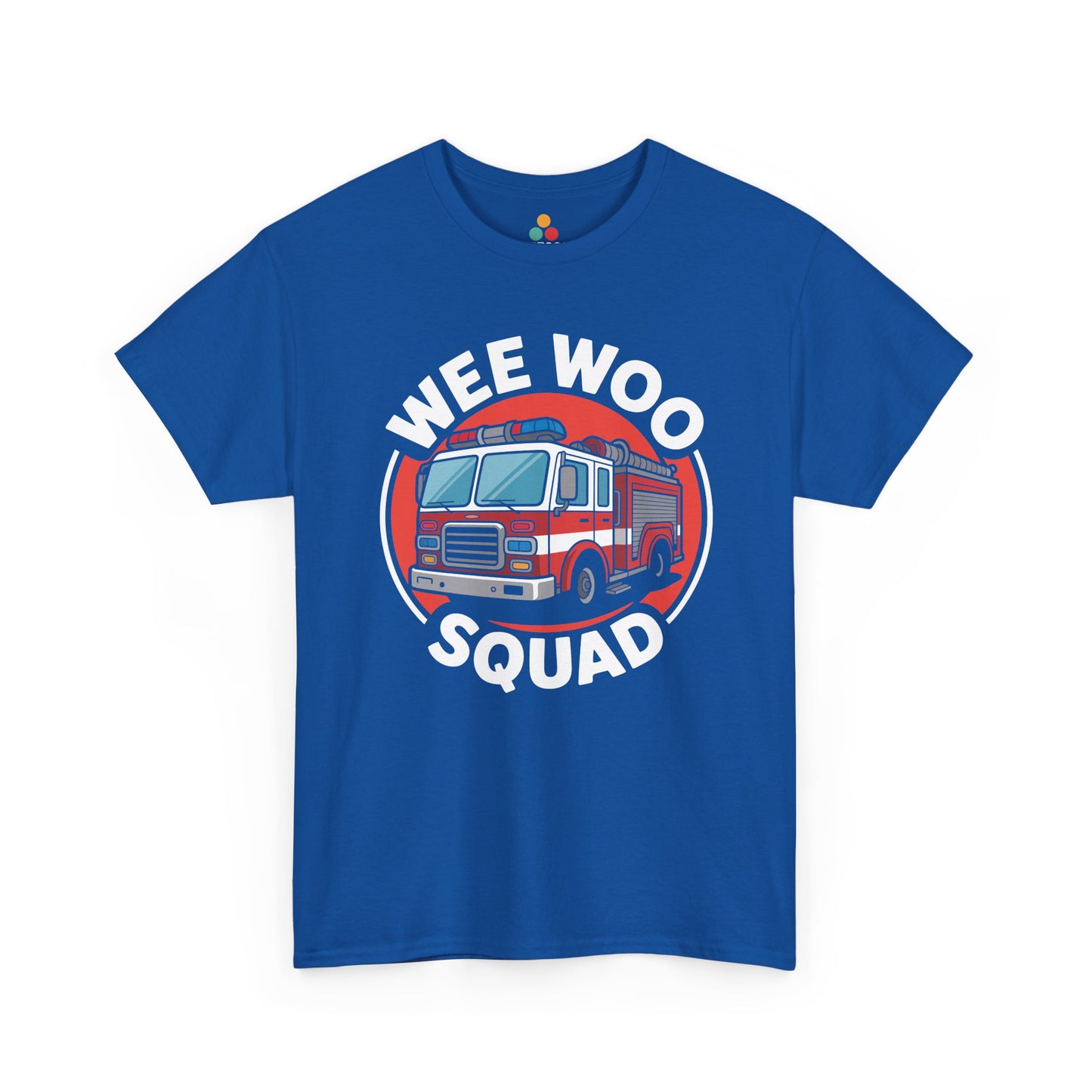 “Teezoca Wee Woo Squad t-shirt, funny firefighter art, bright royal blue tee, front view.”

