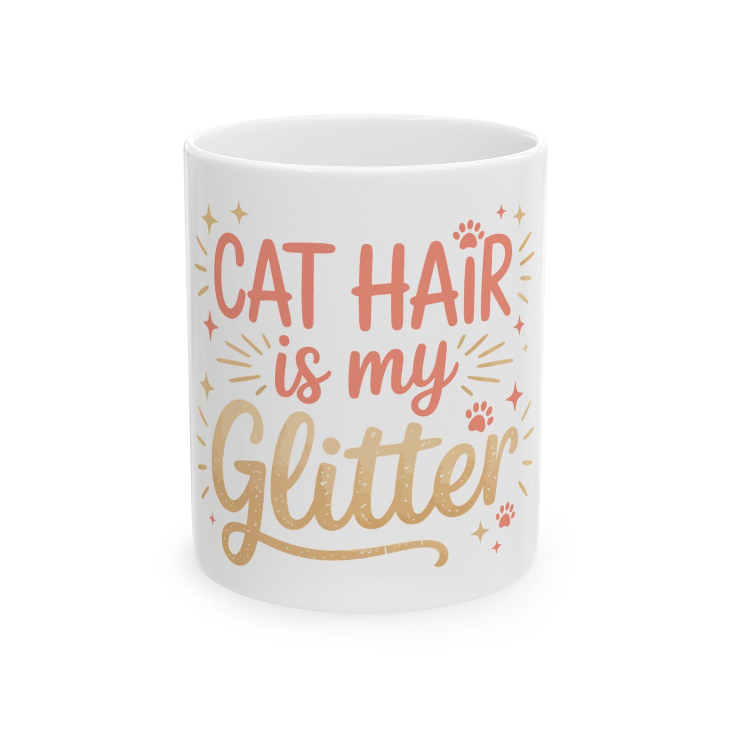 TEEZOCA ceramic mug featuring the Cat Hair Is My Glitter design with paw prints