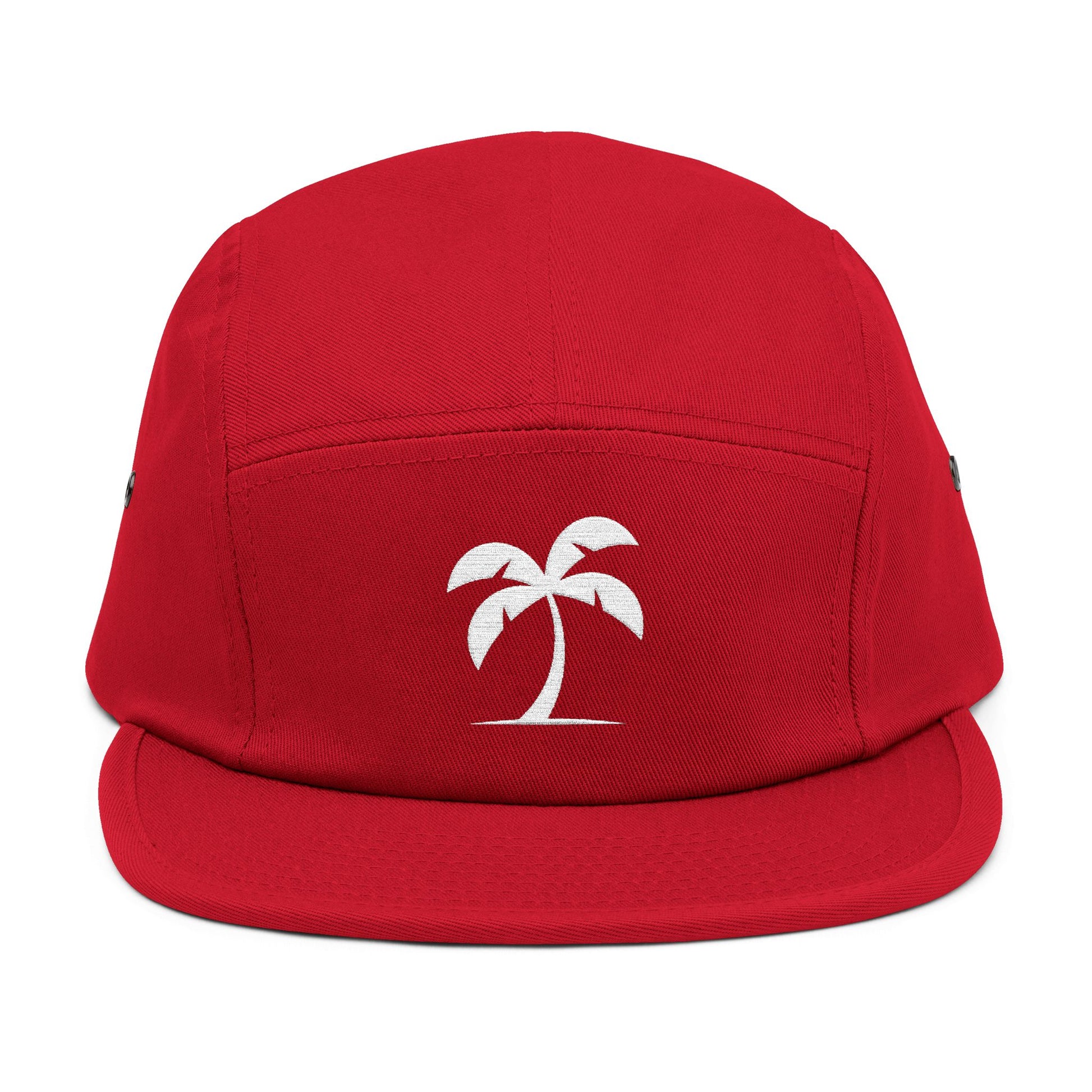 Red cap with a white palm tree design on a white background. Minimal palm tree silhouette embroidery design on 5-panel cap. TEEZOCA