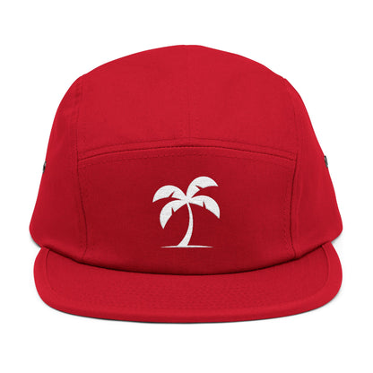 Red cap with a white palm tree design on a white background. Minimal palm tree silhouette embroidery design on 5-panel cap. TEEZOCA