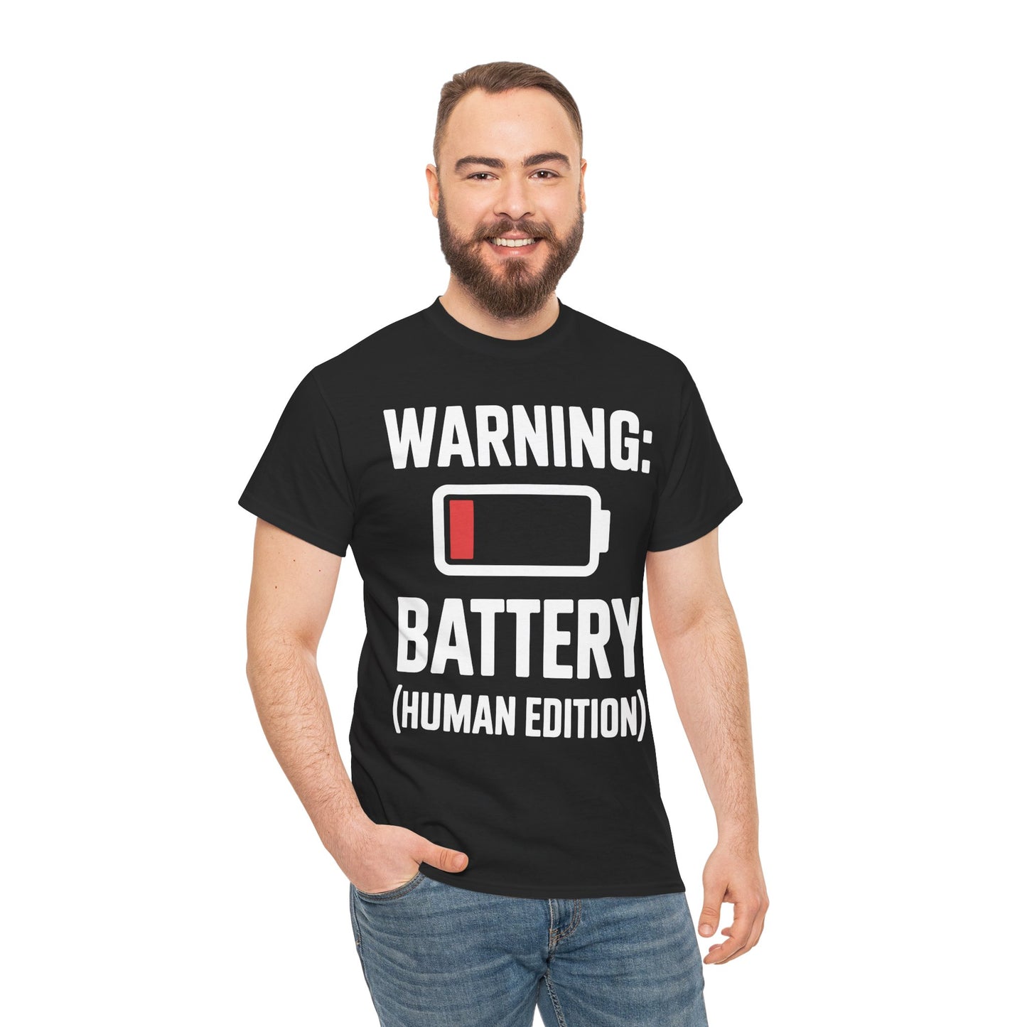 Man wearing a black t-shirt with humorous text 'WARNING: BATTERY (HUMAN EDITION)' design on a white background | TEEZOCA