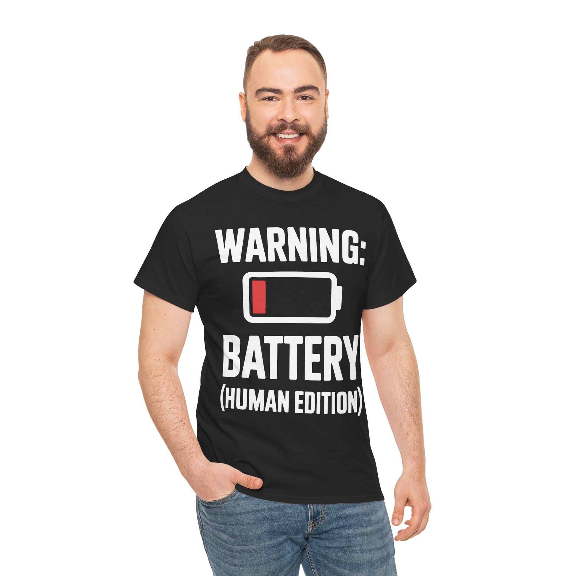 Man wearing a black t-shirt with humorous text 'WARNING: BATTERY (HUMAN EDITION)' design on a white background | TEEZOCA
