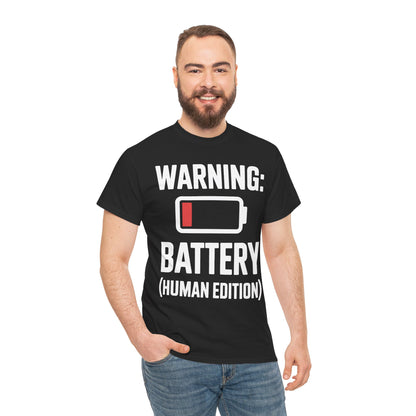 Man wearing a black t-shirt with humorous text 'WARNING: BATTERY (HUMAN EDITION)' design on a white background | TEEZOCA