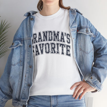 Woman in a denim jacket layering a TEEZOCA “Grandma’s Favorite” grandkid shirt.