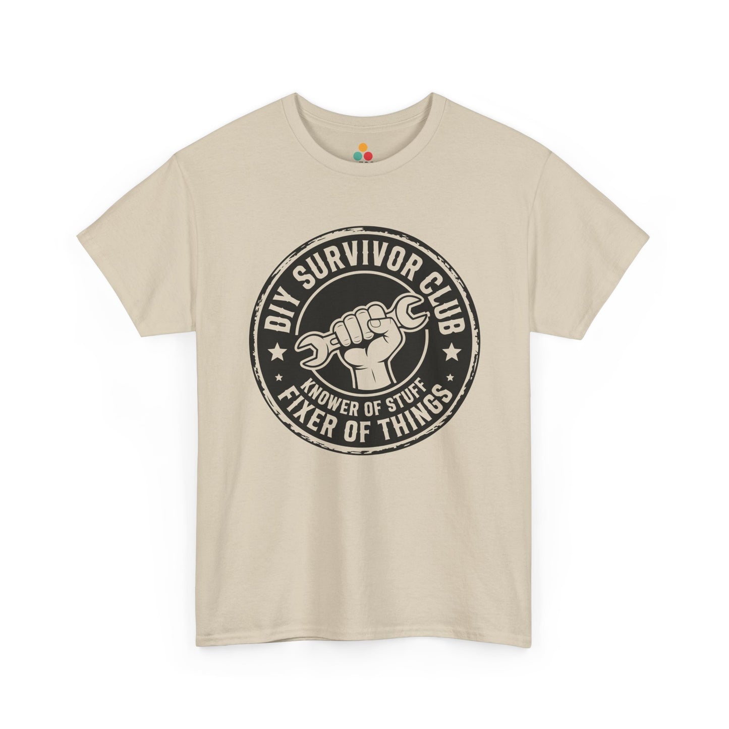 Teezoca Funyy Dad Gift Beige t-shirt with 'DIY Survivor Club' graphic on a white background