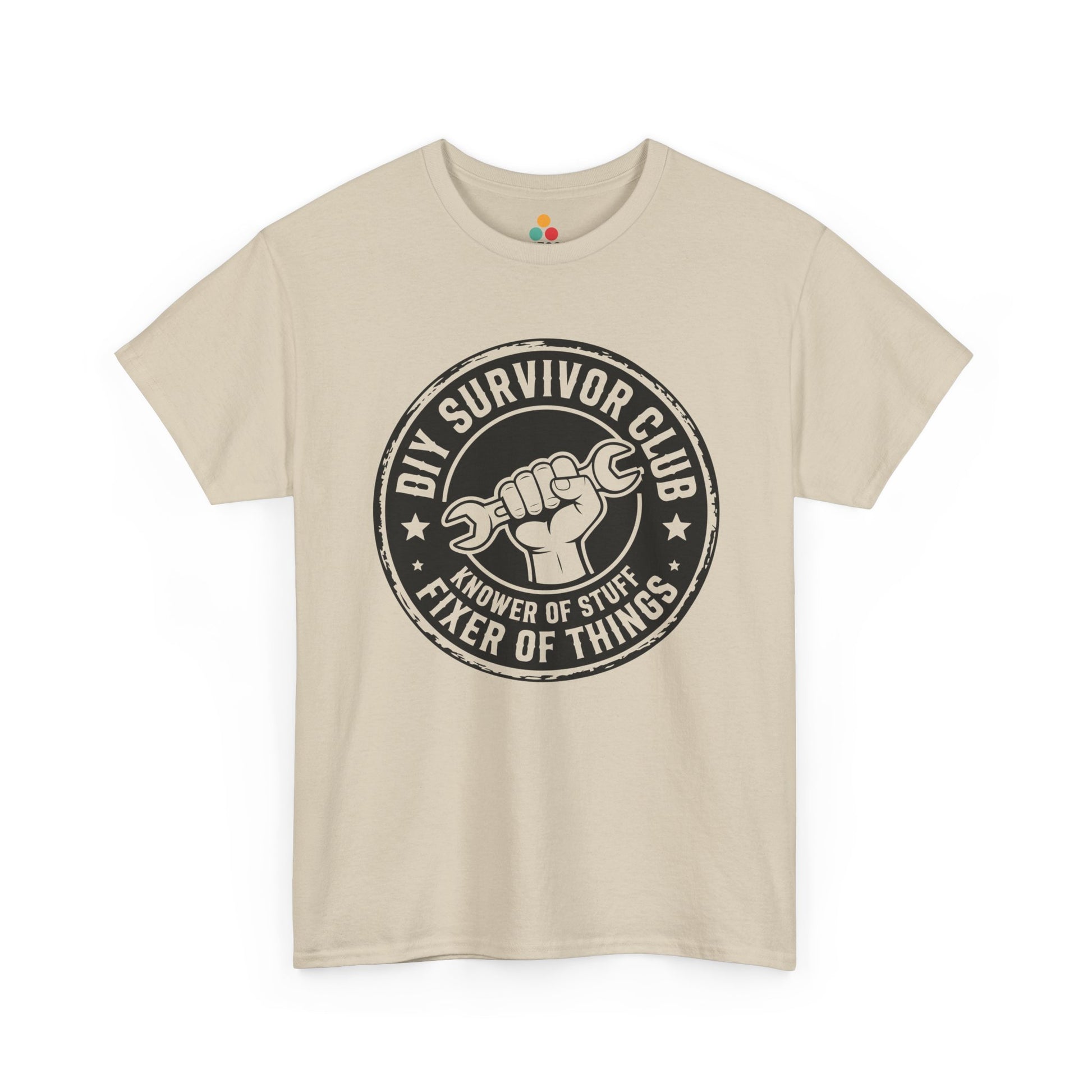 Teezoca Funyy Dad Gift Beige t-shirt with 'DIY Survivor Club' graphic on a white background