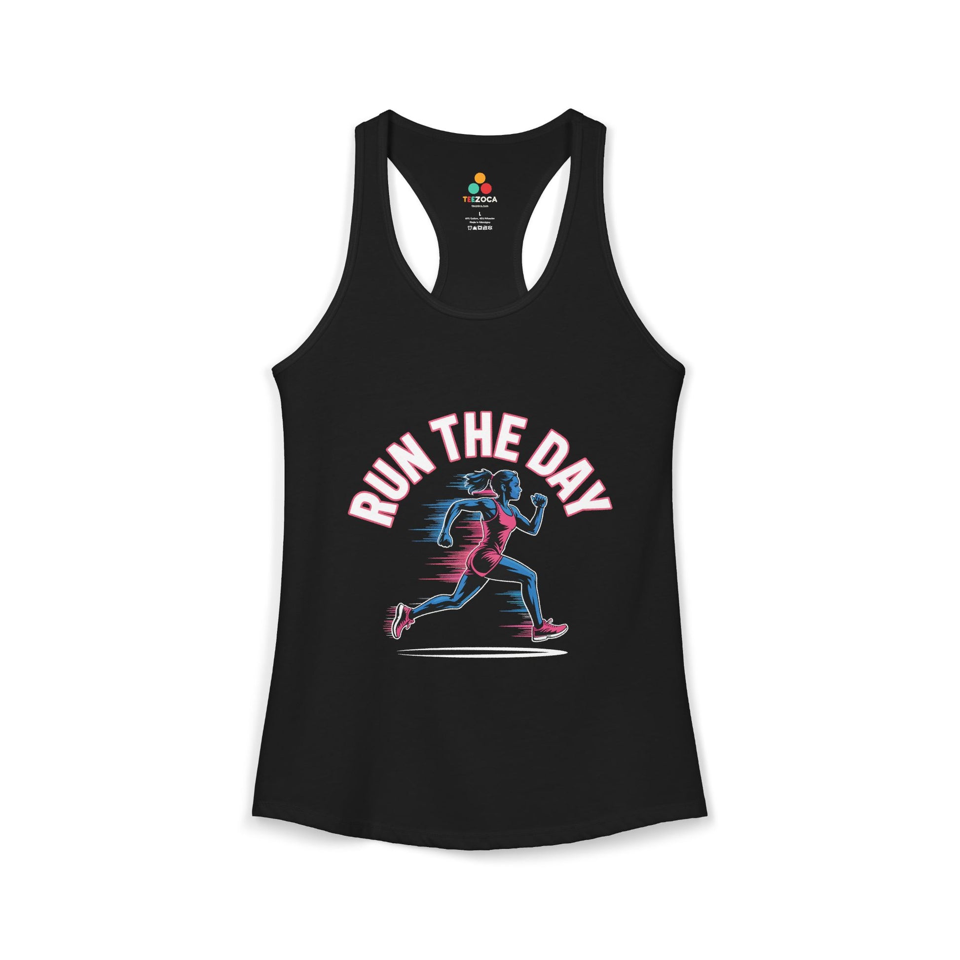 TEEZOCA women’s running tank top with motivational “Run The Day” fitness graphic