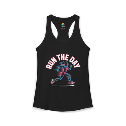 TEEZOCA women’s running tank top with motivational “Run The Day” fitness graphic
