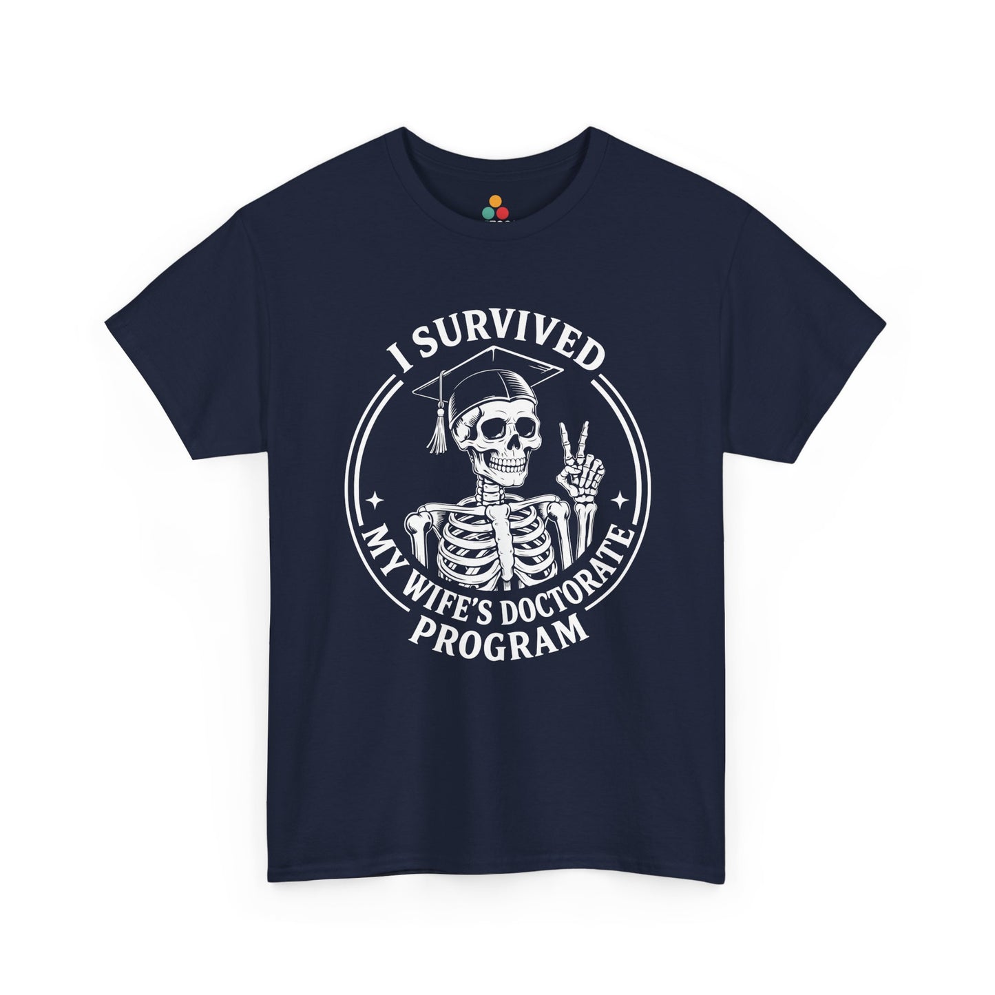 Navy TEEZOCA t‑shirt with white skeleton doctorate survival graphic printed on the front.