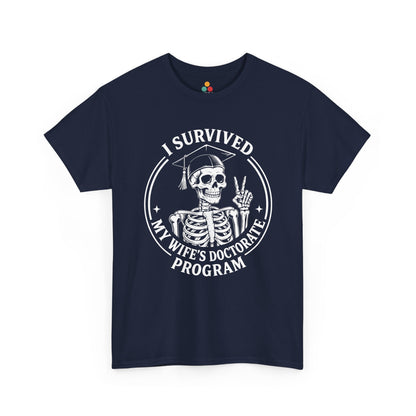 Navy TEEZOCA t‑shirt with white skeleton doctorate survival graphic printed on the front.