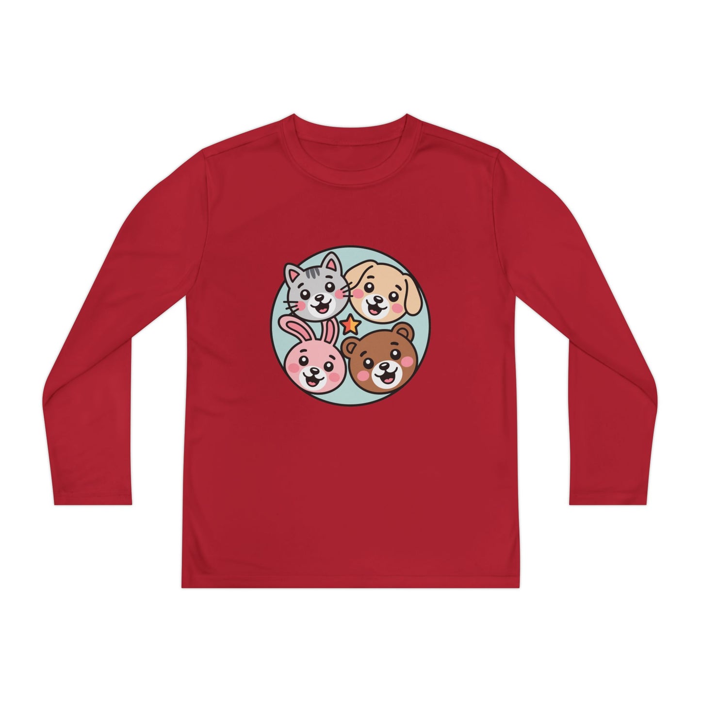 Kids Long Sleeve Tee — Cute Animal Friends Circle (Dog, Cat, Bunny, Bear) TEEZOCA