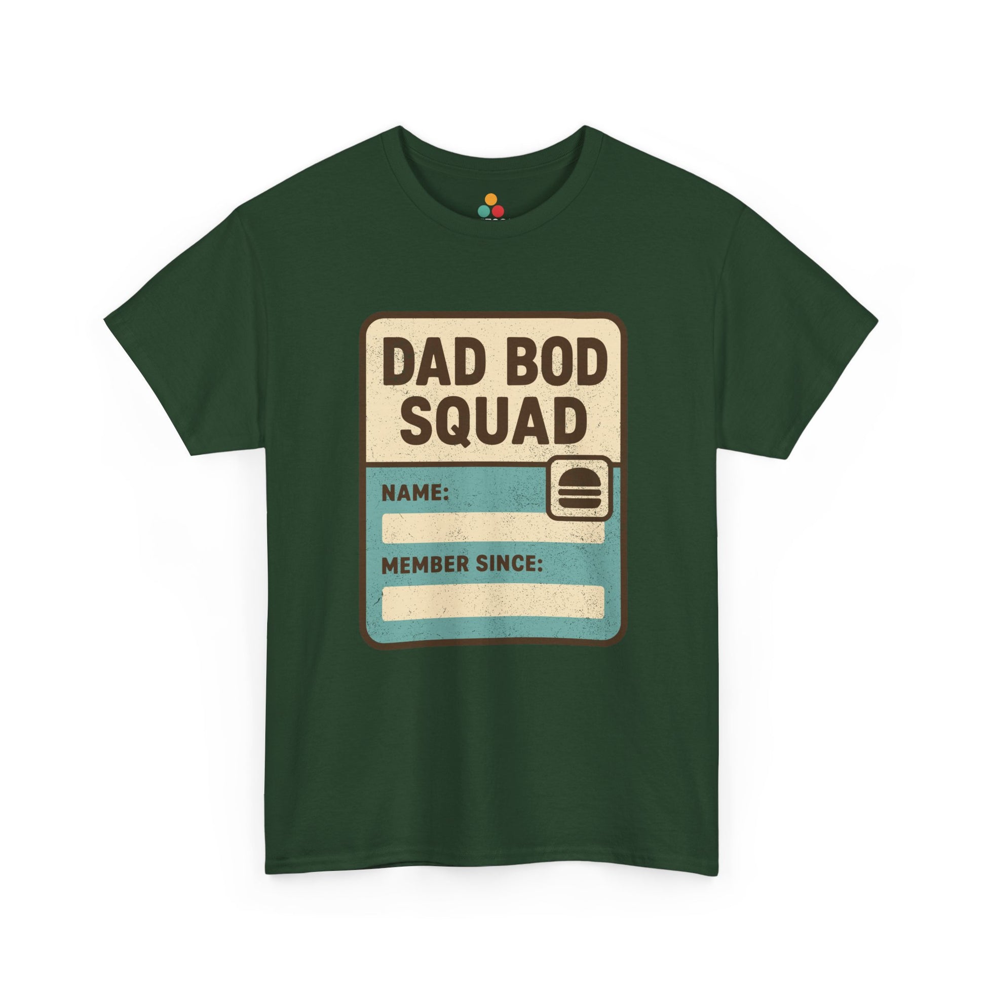  Forest green t‑shirt with “Dad Bod Squad” card‑style graphic, flat front view.