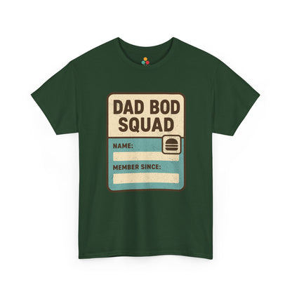  Forest green t‑shirt with “Dad Bod Squad” card‑style graphic, flat front view.