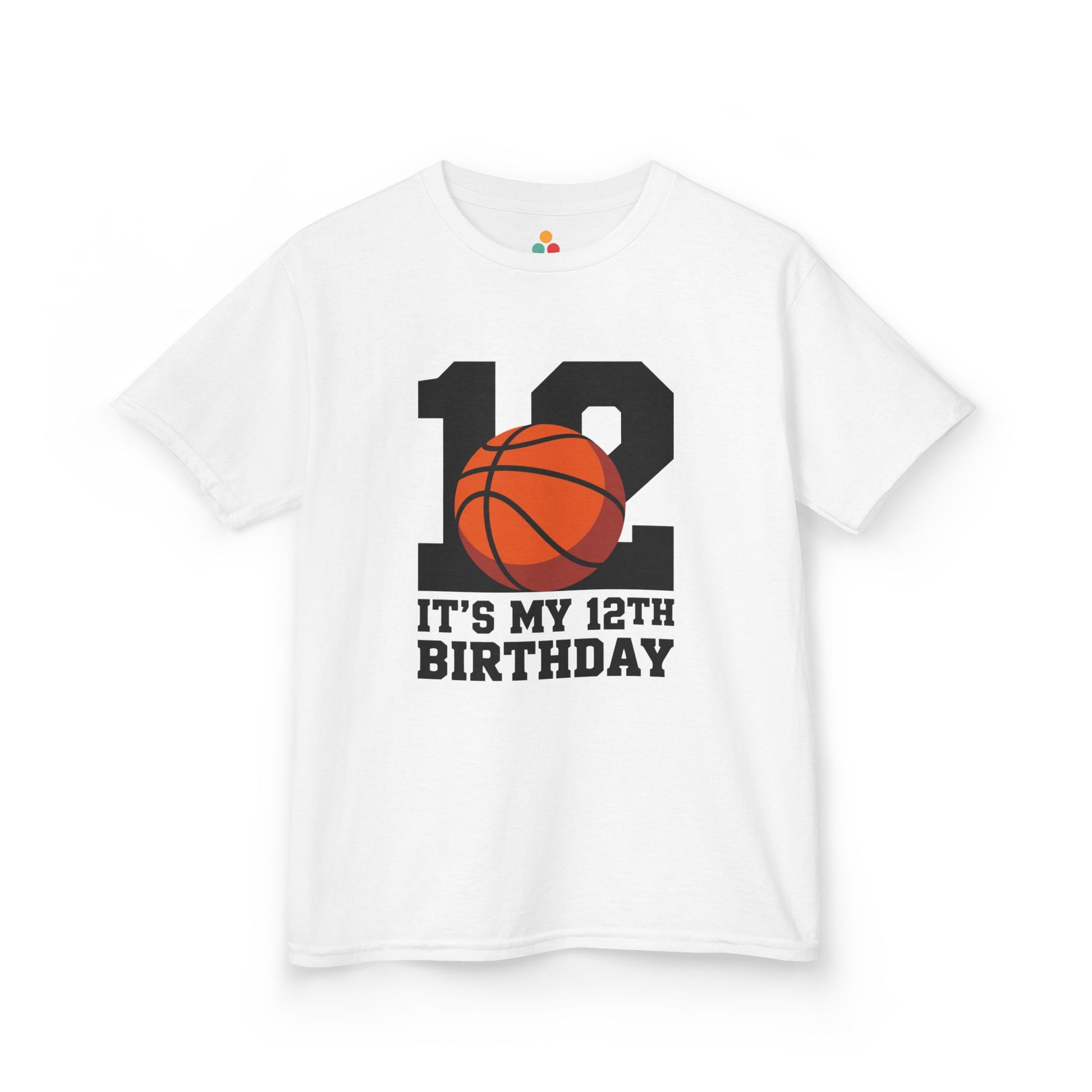 White kids’ t‑shirt with big black “12” and orange basketball plus “It’s My 12th Birthday” sports graphic, flat front view.