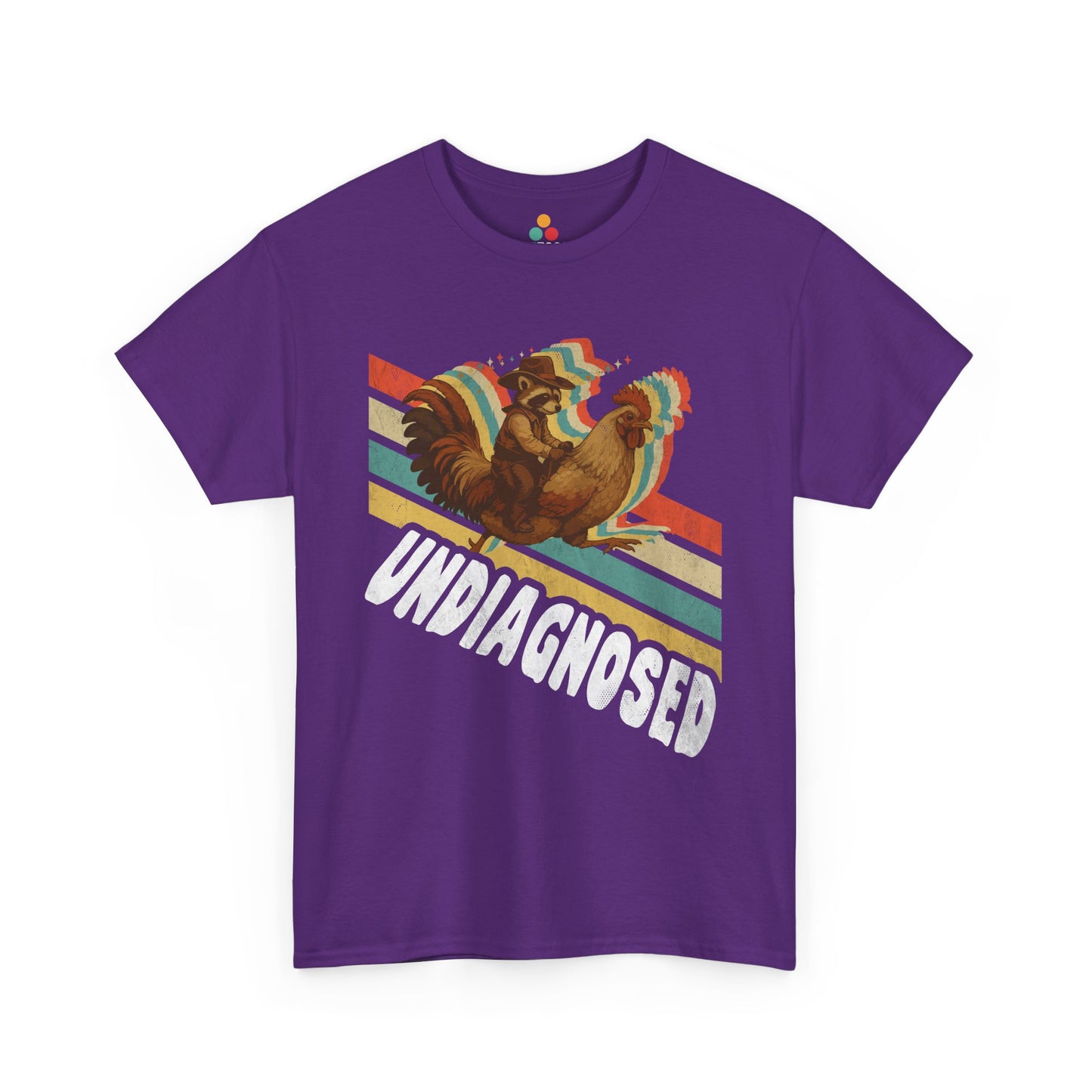 “Teezoca Undiagnosed shirt, distressed Undiagnosed text and retro stripes, purple tee, casual style.”

