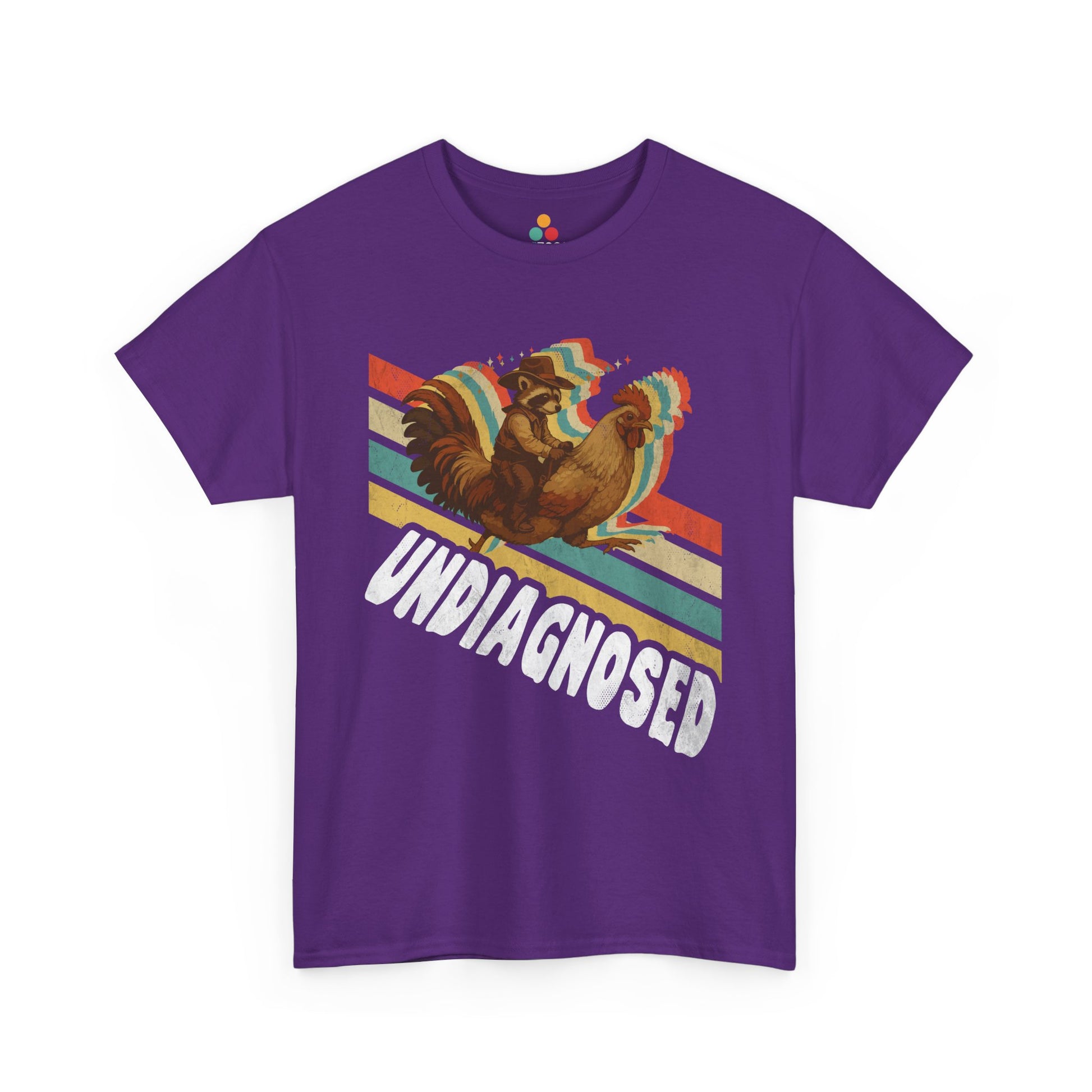 “Teezoca Undiagnosed shirt, distressed Undiagnosed text and retro stripes, purple tee, casual style.”

