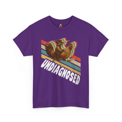 “Teezoca Undiagnosed shirt, distressed Undiagnosed text and retro stripes, purple tee, casual style.”

