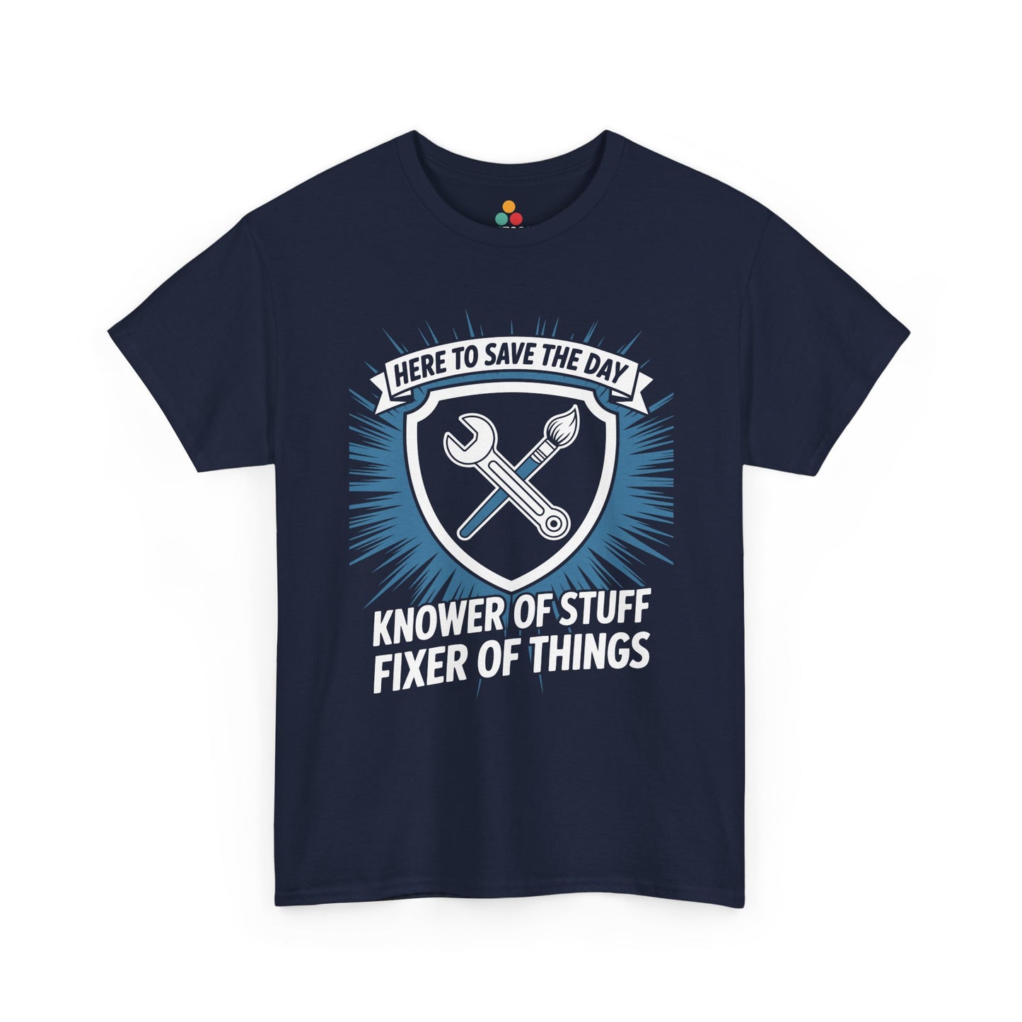 TEEZOCA navy “Knower Of Stuff Fixer Of Things” unisex graphic t‑shirt displayed flat.