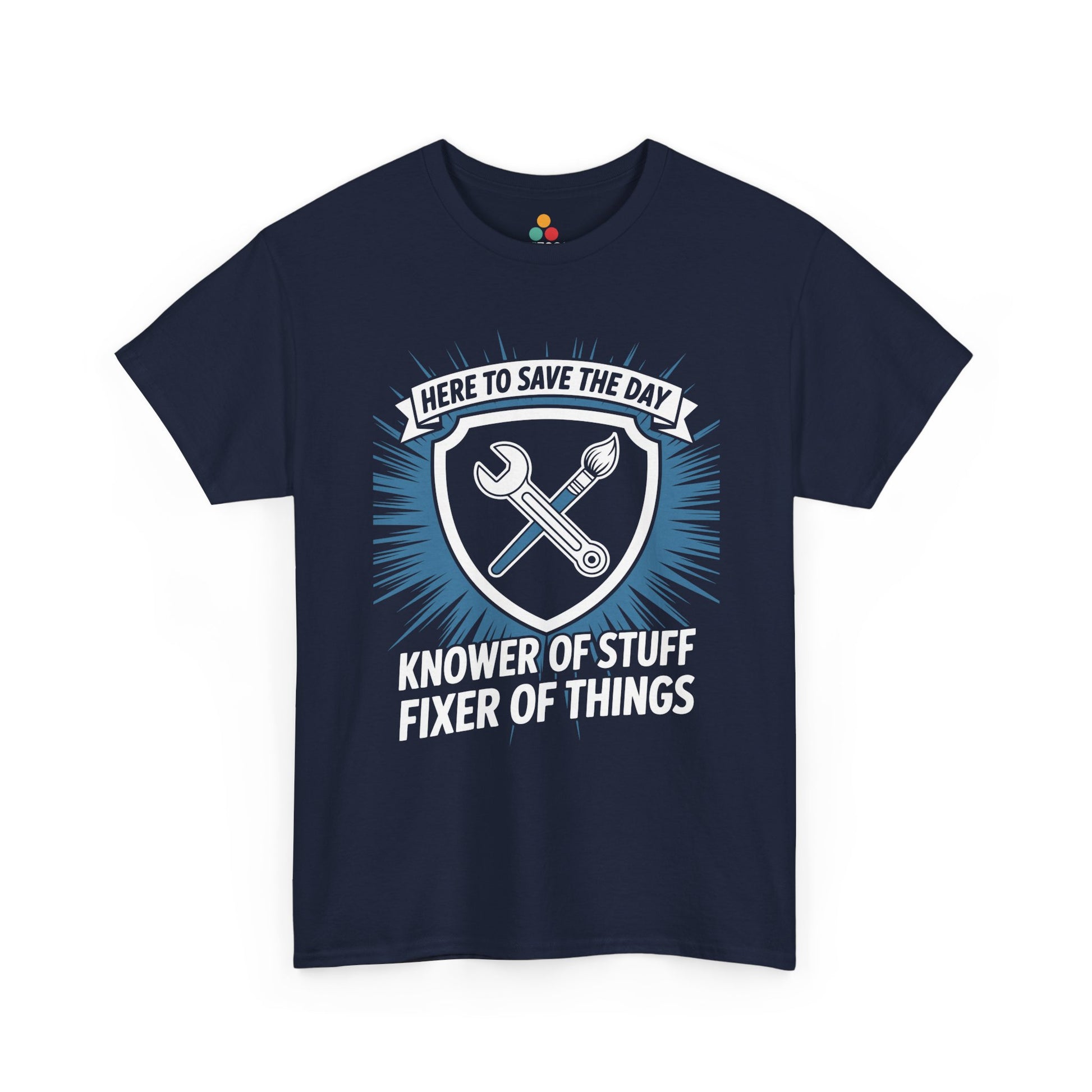 TEEZOCA navy “Knower Of Stuff Fixer Of Things” unisex graphic t‑shirt displayed flat.