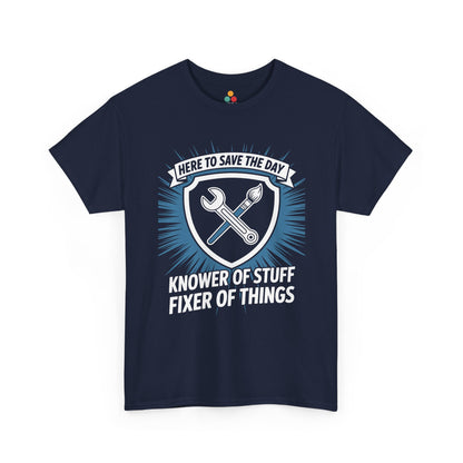 TEEZOCA navy “Knower Of Stuff Fixer Of Things” unisex graphic t‑shirt displayed flat.