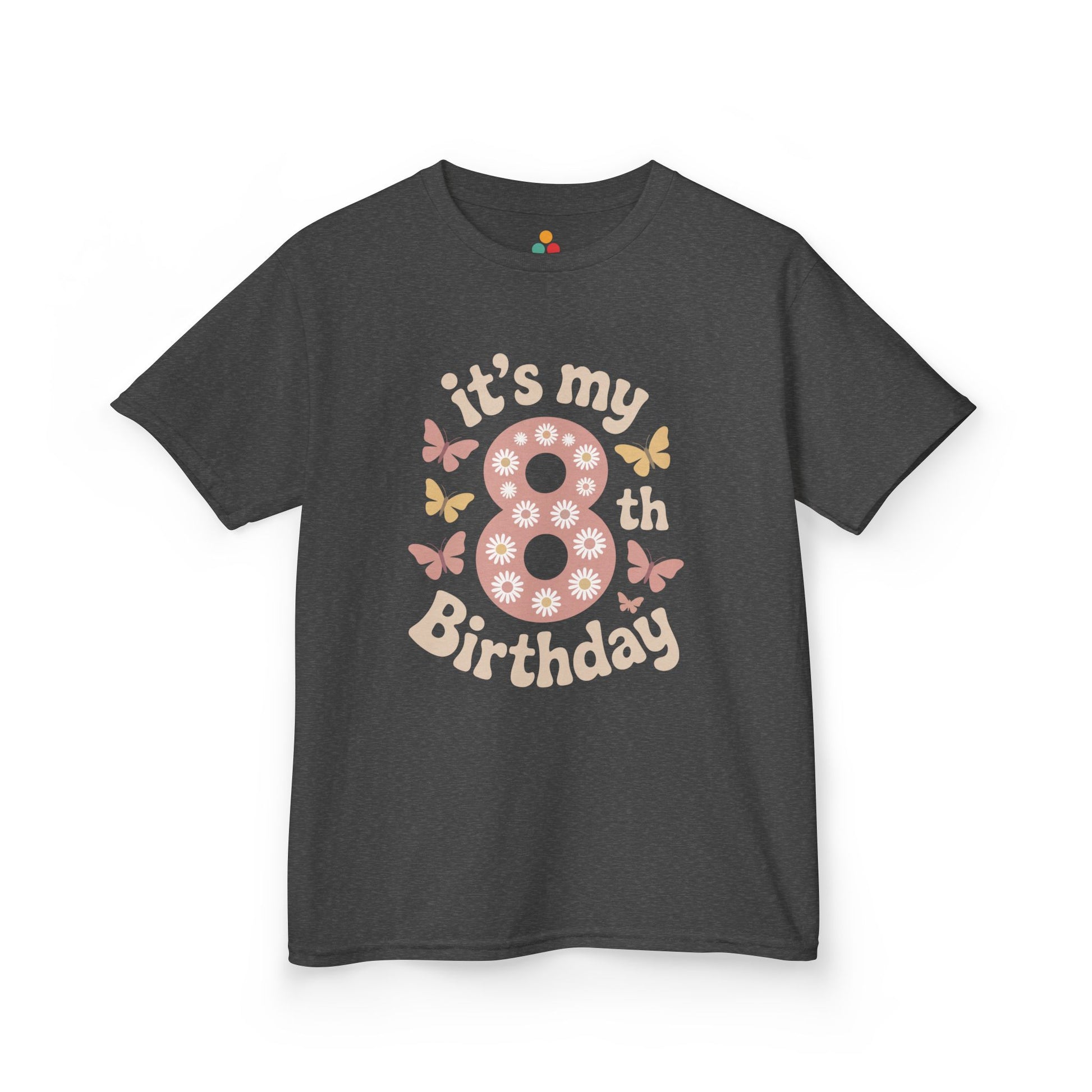 “Charcoal gray kids ‘it’s my 8th Birthday’ t-shirt, retro pink 8 surrounded by butterflies, front view.”

