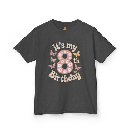 “Charcoal gray kids ‘it’s my 8th Birthday’ t-shirt, retro pink 8 surrounded by butterflies, front view.”

