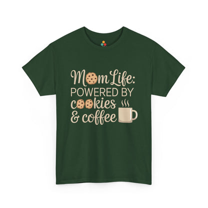 TEEZOCA green “Mom Life: Powered By Cookies & Coffee” cute mom graphic t‑shirt.