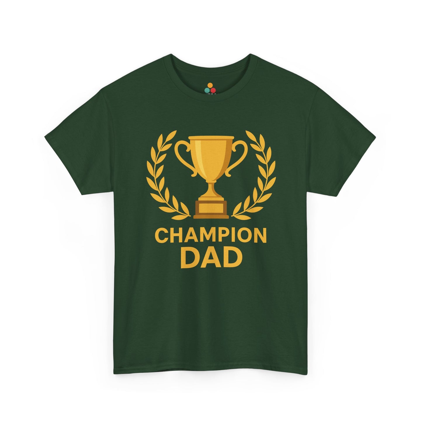 Green t-shirt with 'Champion Dad' graphic on a white background