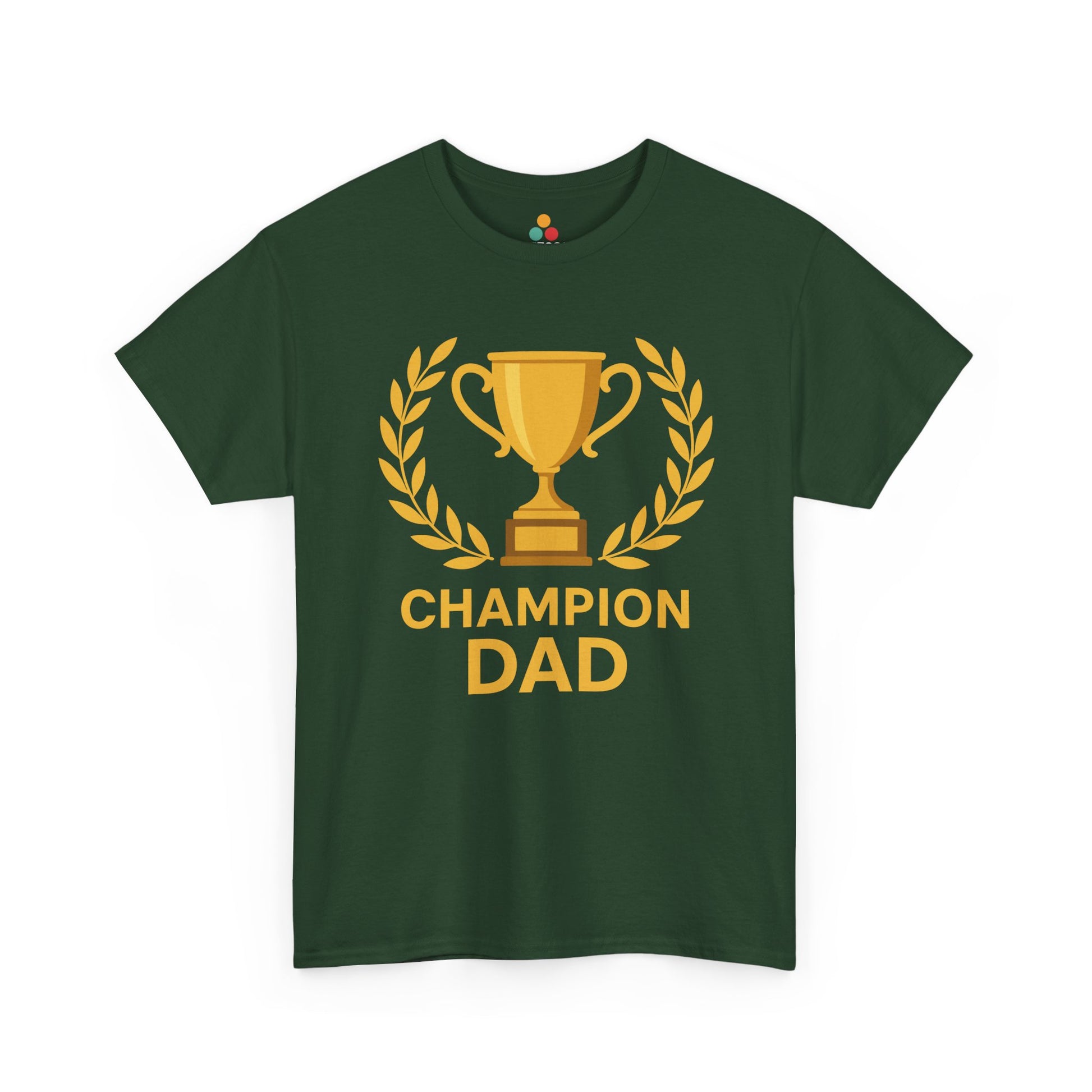 Green t-shirt with 'Champion Dad' graphic on a white background