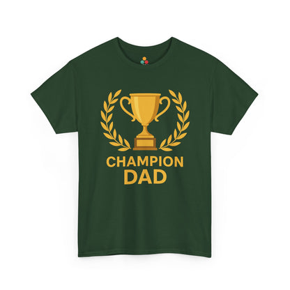 Green t-shirt with 'Champion Dad' graphic on a white background