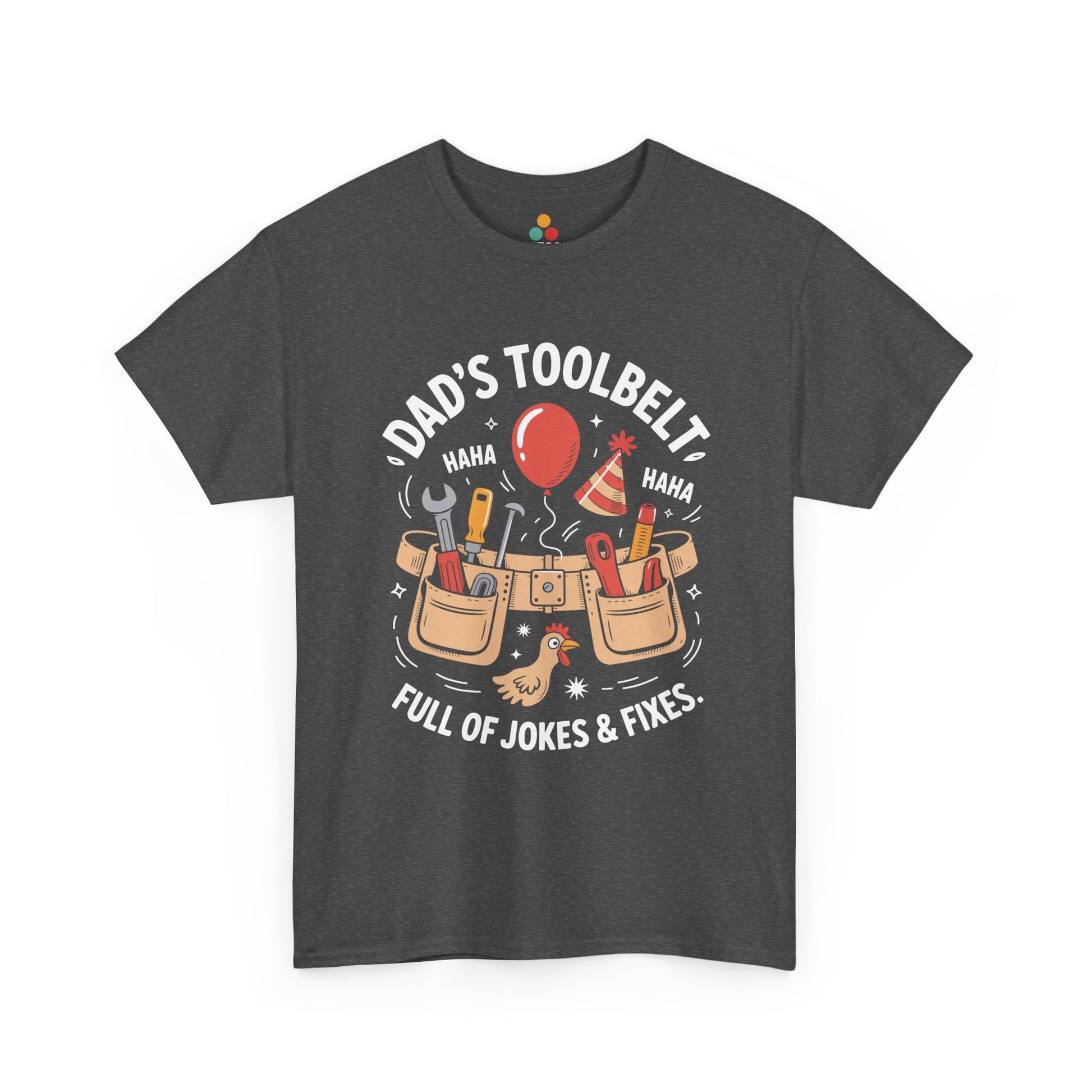 TEEZOCA dark gray “Dad’s Toolbelt Full Of Jokes & Fixes” novelty graphic T‑shirt shown flat.