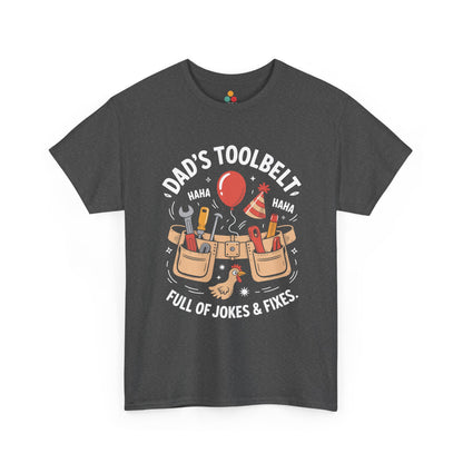 TEEZOCA dark gray “Dad’s Toolbelt Full Of Jokes & Fixes” novelty graphic T‑shirt shown flat.