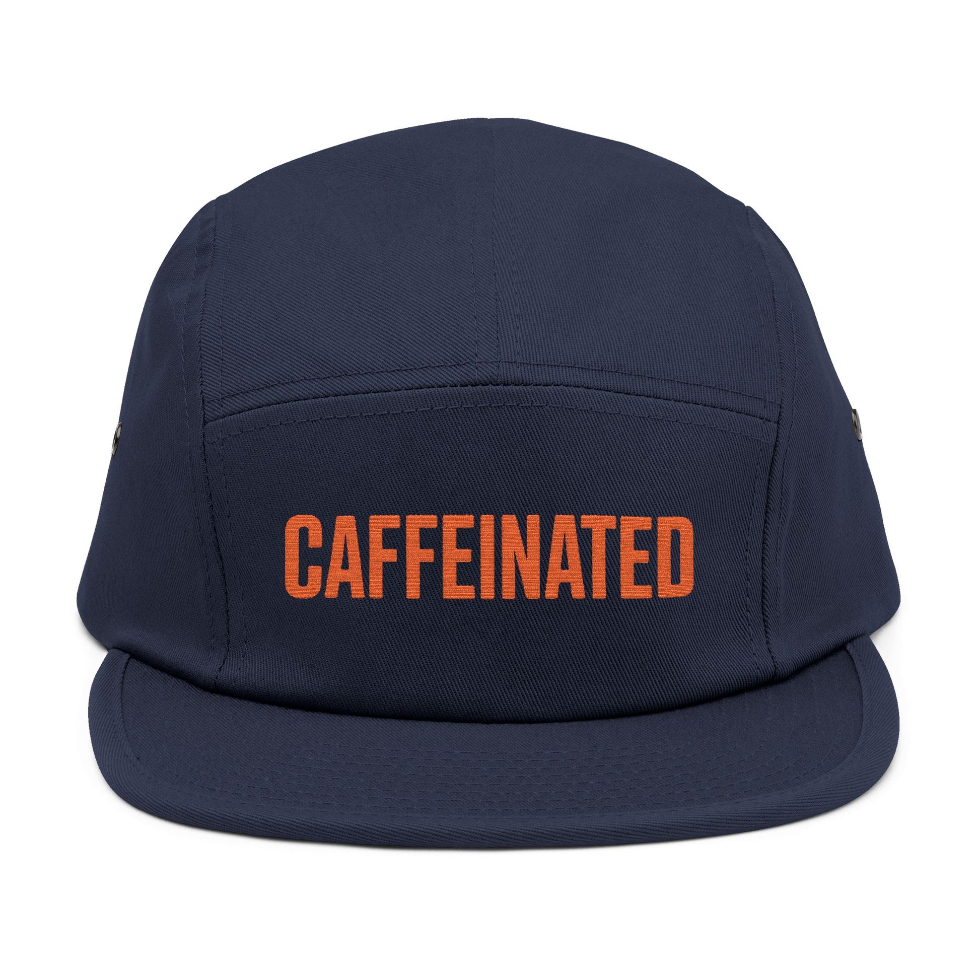 Navy blue cap with 'CAFFEINATED' in orange on a white background. Caffeinated bold typography graphic design in orange. TEEZOCA