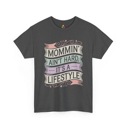 TEEZOCA dark gray “Mommin’ Ain’t Hard, It’s A Lifestyle” casual mom t‑shirt displayed flat.