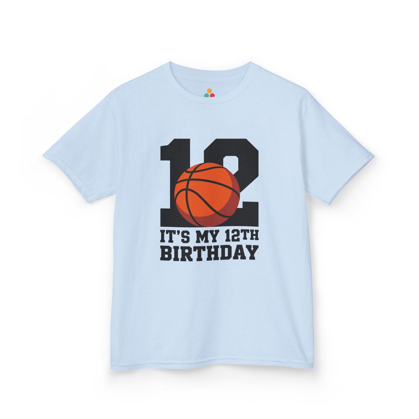 Light blue kids’ t‑shirt with big black “12” and orange basketball plus “It’s My 12th Birthday” sports graphic, flat front view.