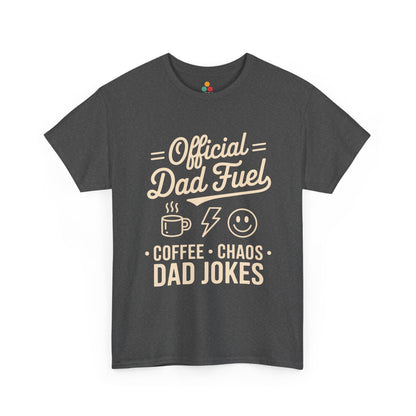 TEEZOCA charcoal gray “Official Dad Fuel Coffee Chaos Dad Jokes” casual dad life T‑shirt shown flat.