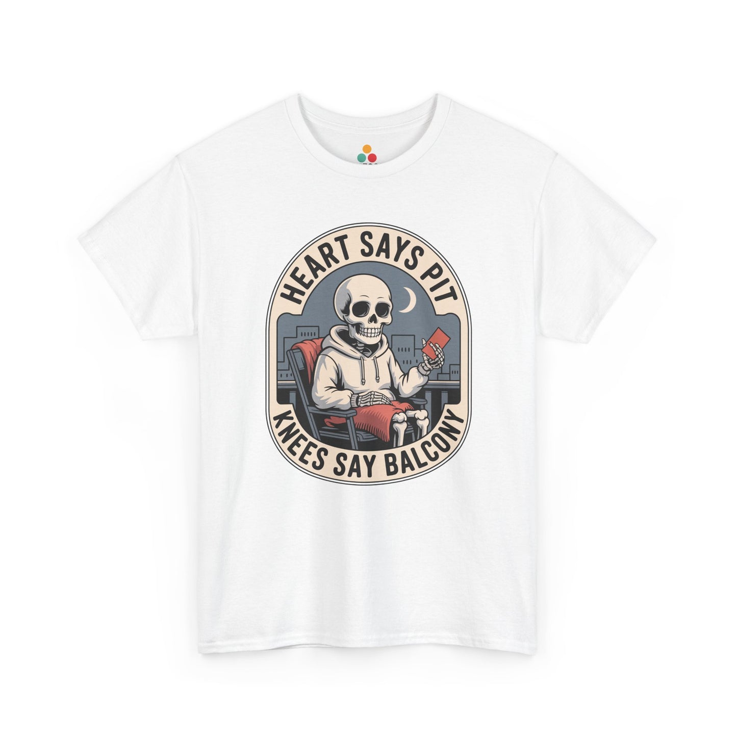 White t-shirt mockup with heart says pit knees say balcony skeleton boxing gloves badge, front print.​


