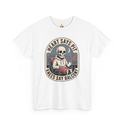 White t-shirt mockup with heart says pit knees say balcony skeleton boxing gloves badge, front print.​


