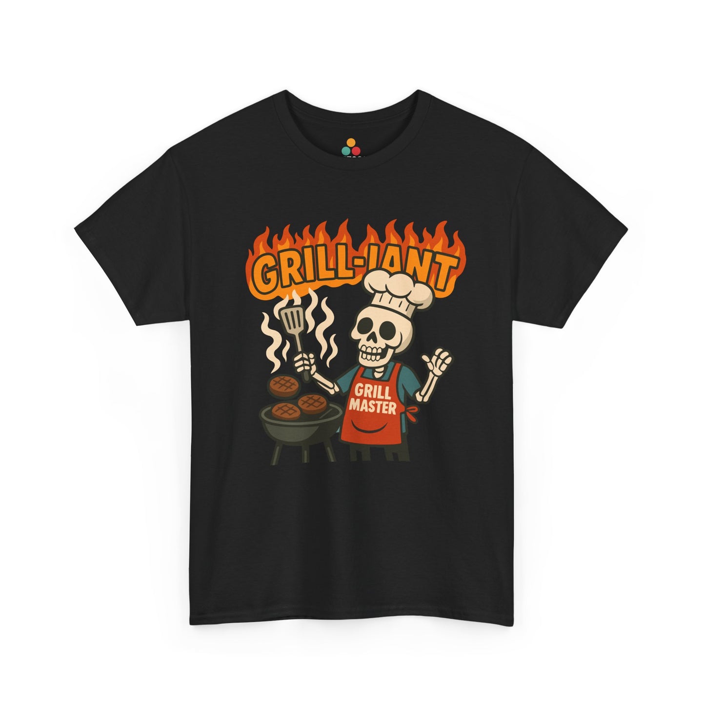 Black t-shirt with a skull graphic and 'GRILL-ION' text on a white background