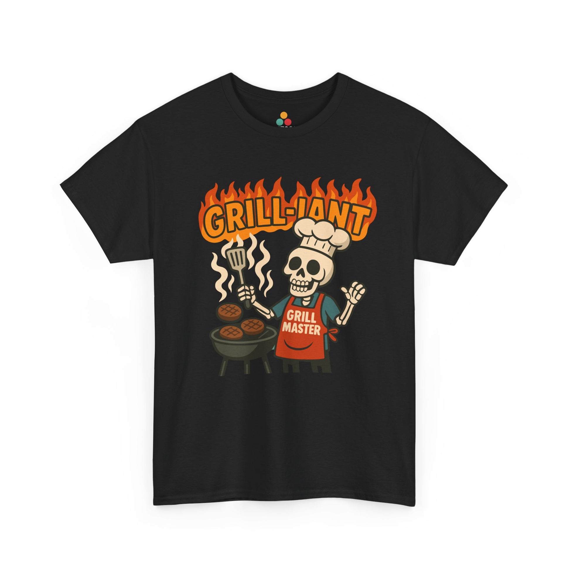 Black t-shirt with a skull graphic and 'GRILL-ION' text on a white background