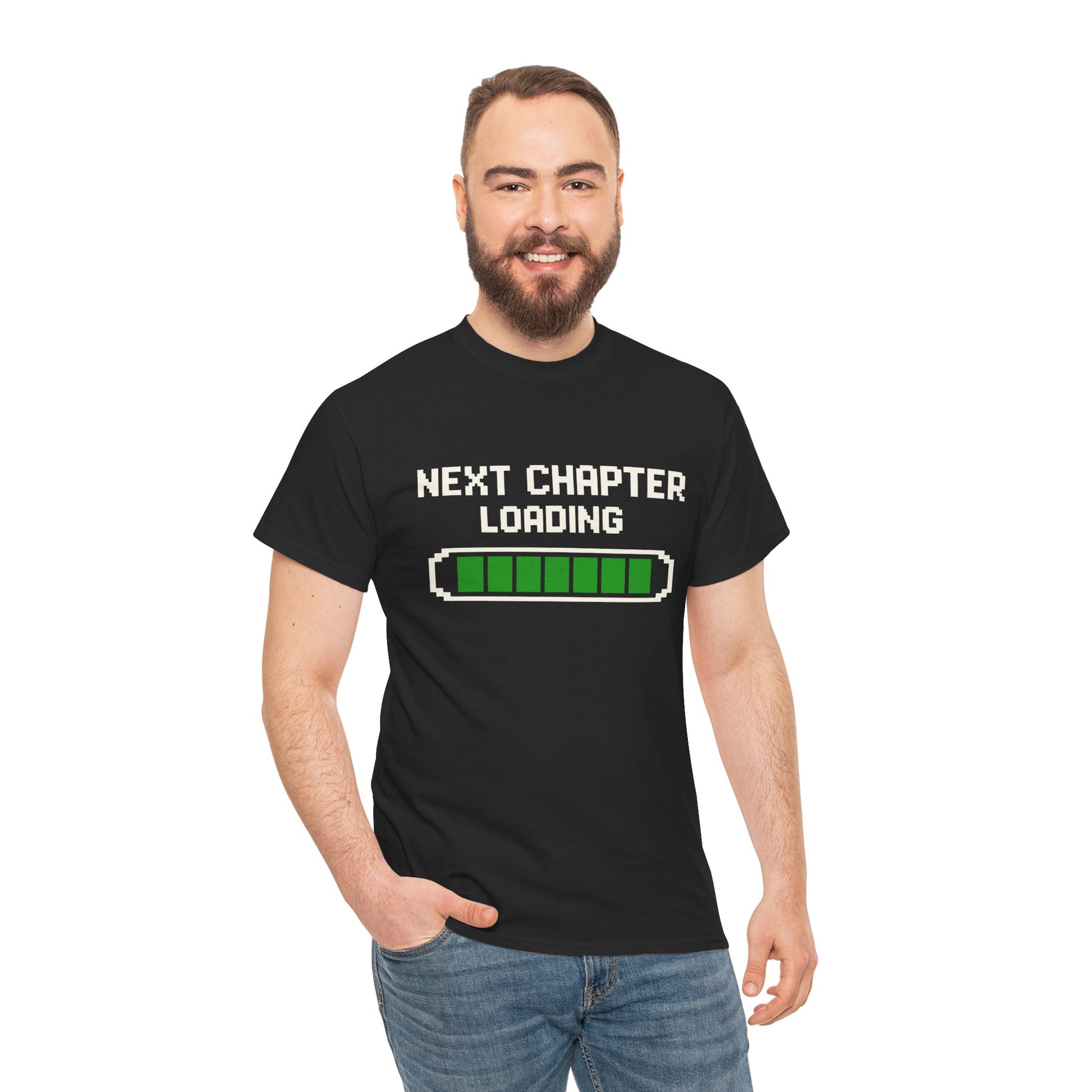 Man wearing a black TEEZOCA “NEXT CHAPTER LOADING” graduation t‑shirt.