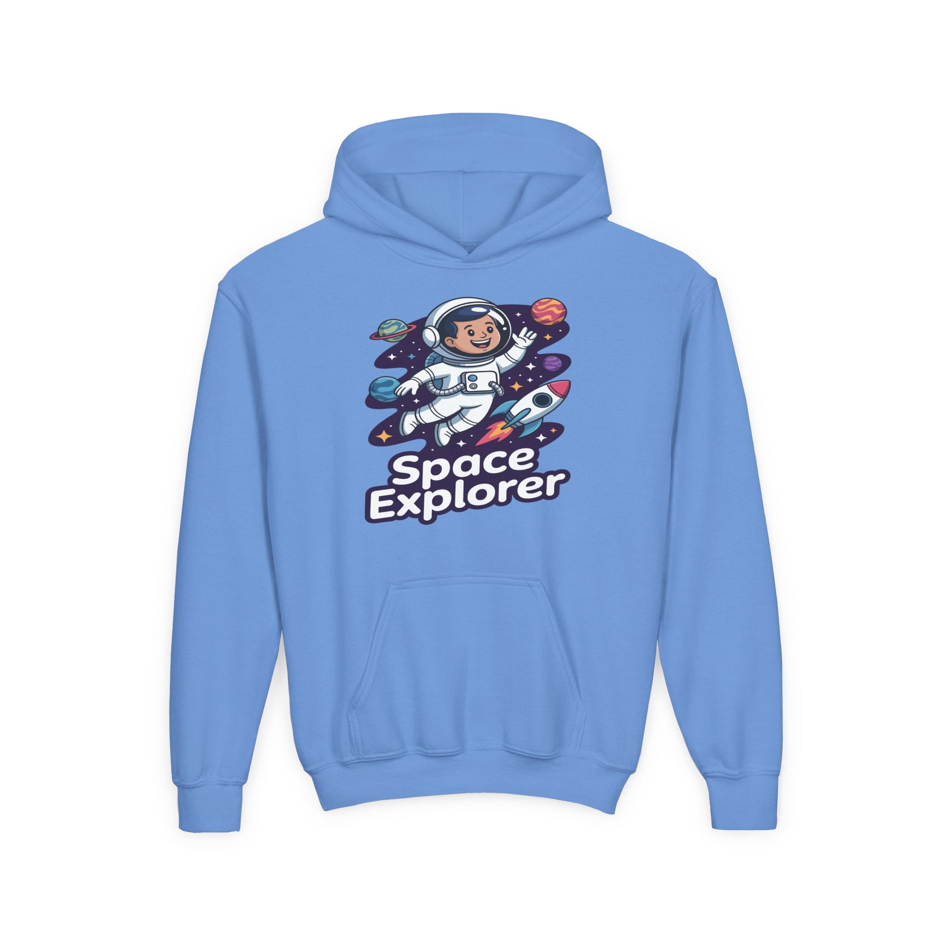 Youth hoodie featuring smiling astronaut and colorful space theme TEEZOCA