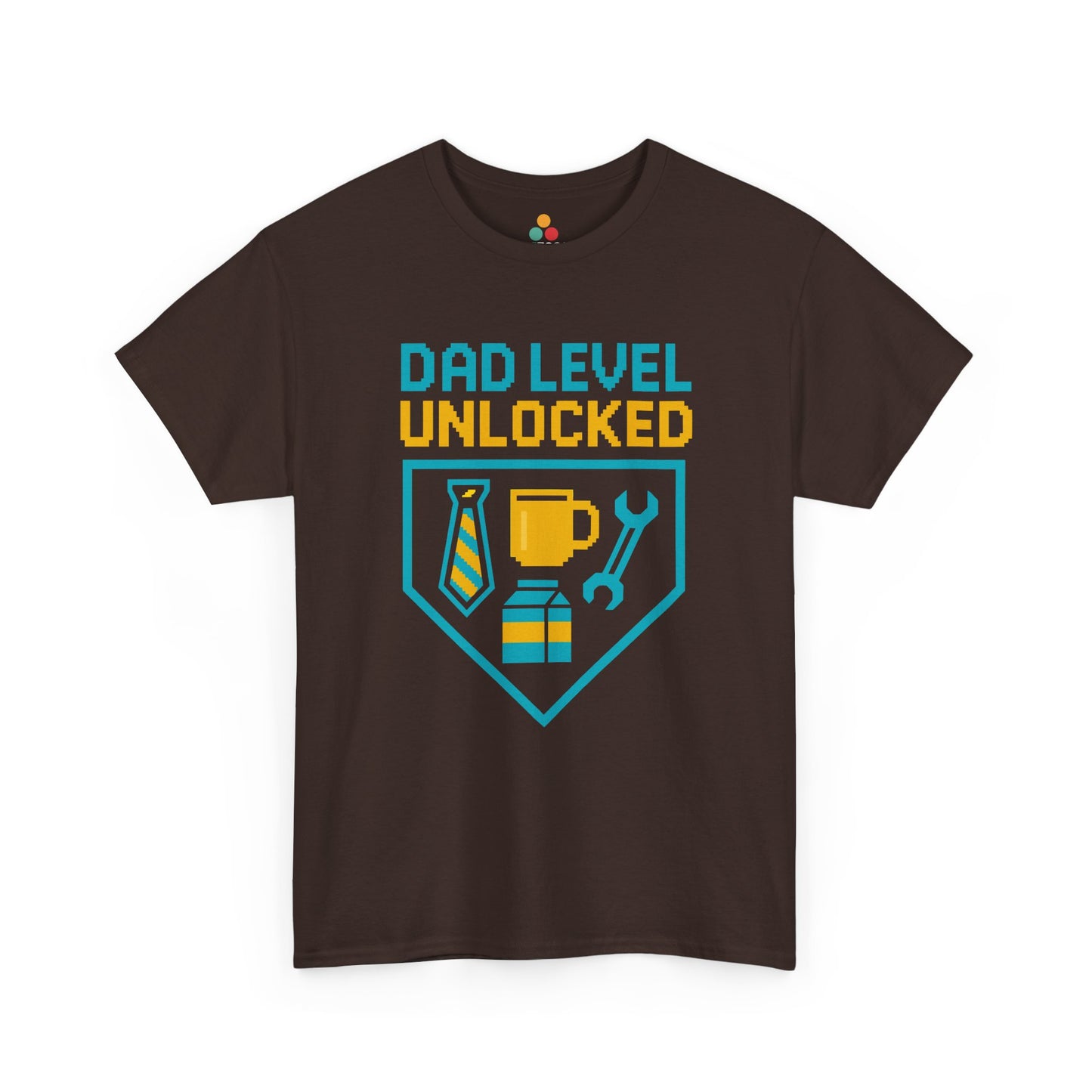 "Brown Dad Level Unlocked' shirts with retro achievement badge design, flat front view."

