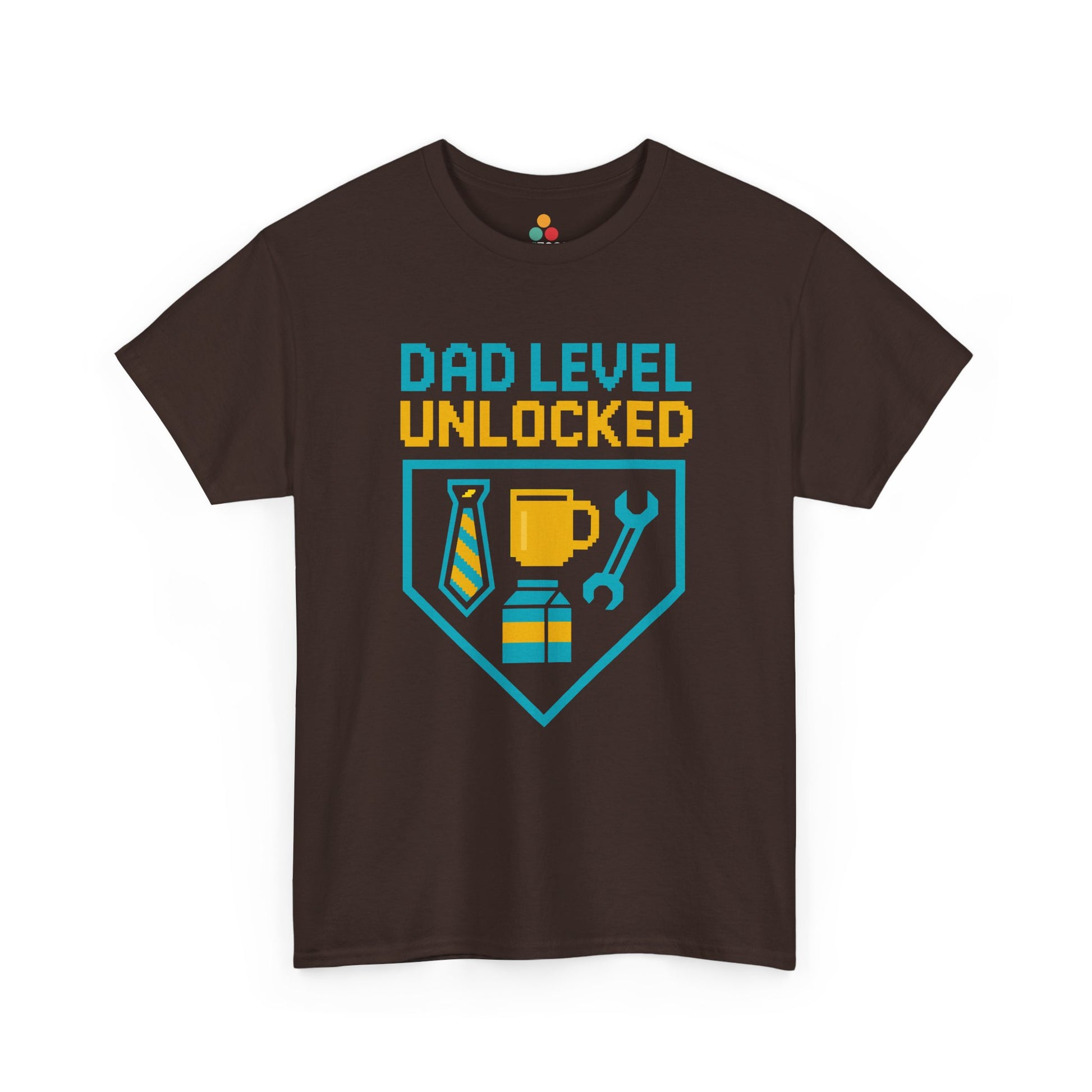 "Brown Dad Level Unlocked' shirts with retro achievement badge design, flat front view."

